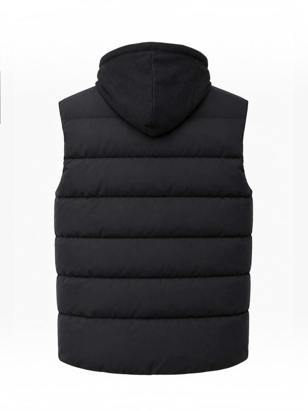 Back view of a black BROCK FIVE EVER quilted sleeveless puffer vest with a hood on a white background.