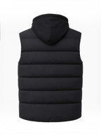 Back view of a black BROCK FIVE EVER quilted sleeveless puffer vest with a hood on a white background.
