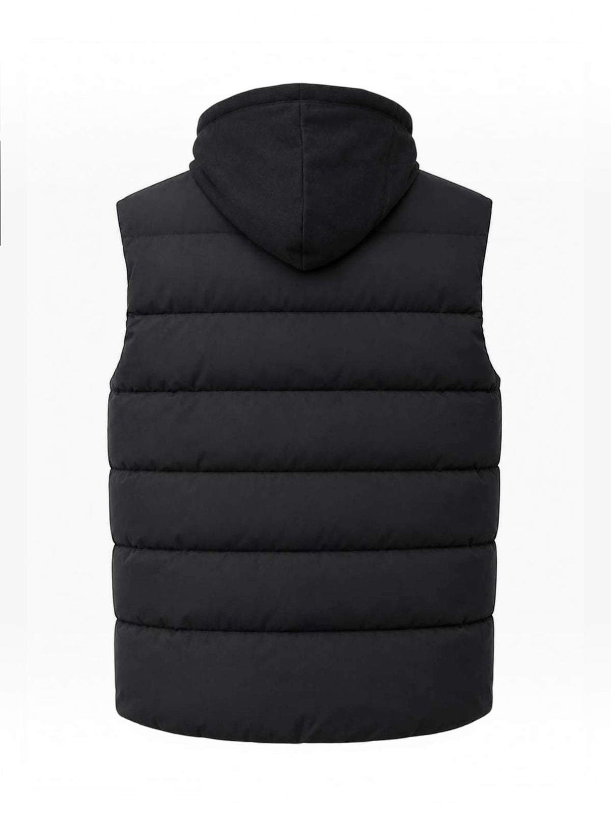 Back view of a black BROCK FIVE EVER quilted sleeveless puffer vest with a hood on a white background.