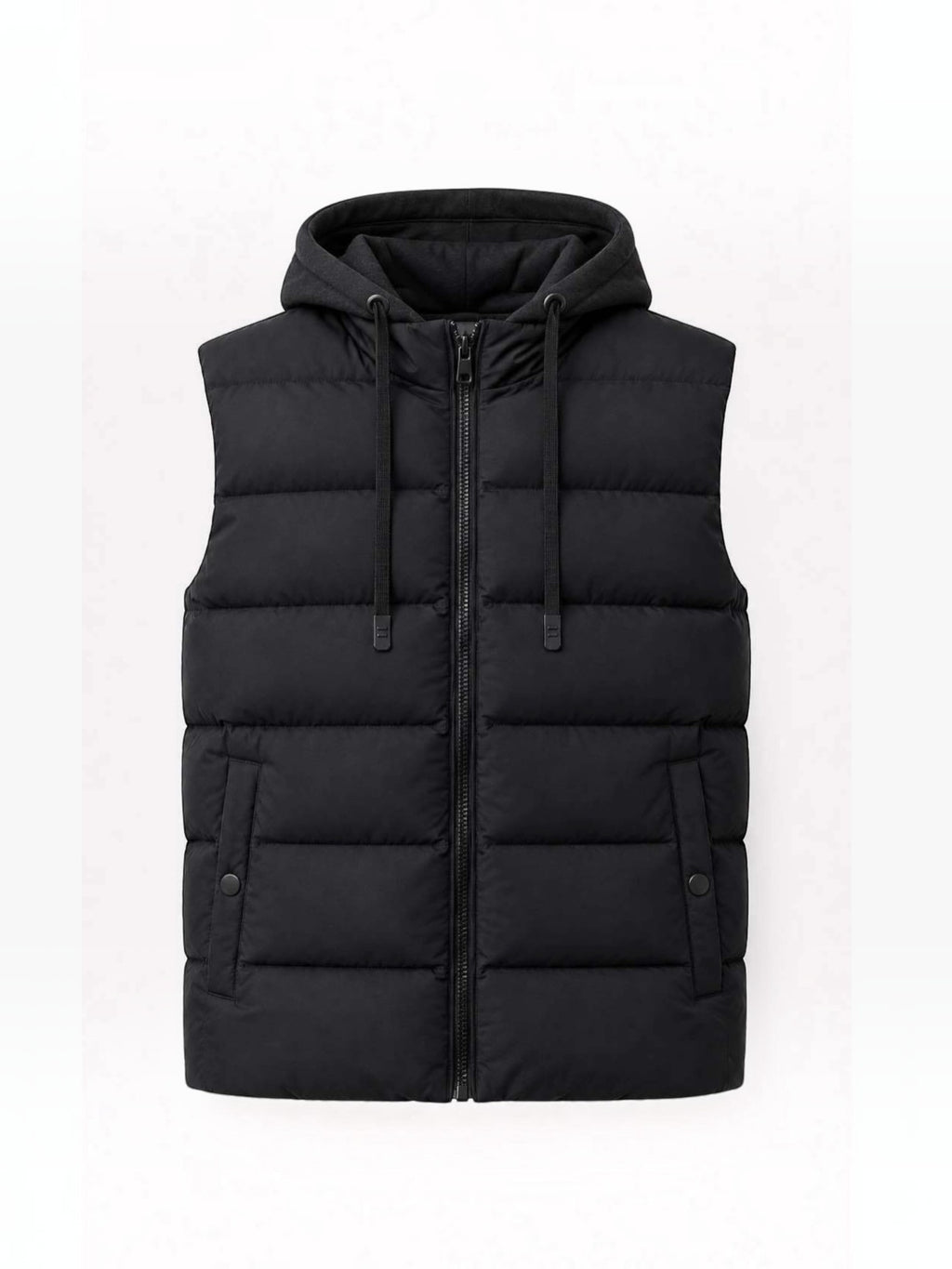 BROCK FIVE EVER black quilted sleeveless puffer vest with a detachable hood, zip closure, and snap-button pockets.