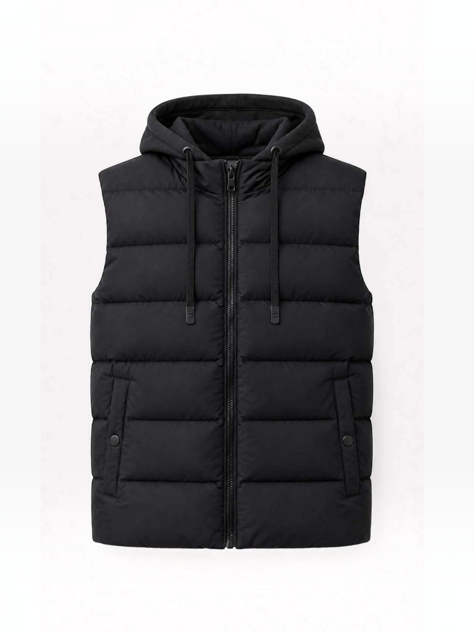 BROCK FIVE EVER black quilted sleeveless puffer vest with a detachable hood, zip closure, and snap-button pockets.
