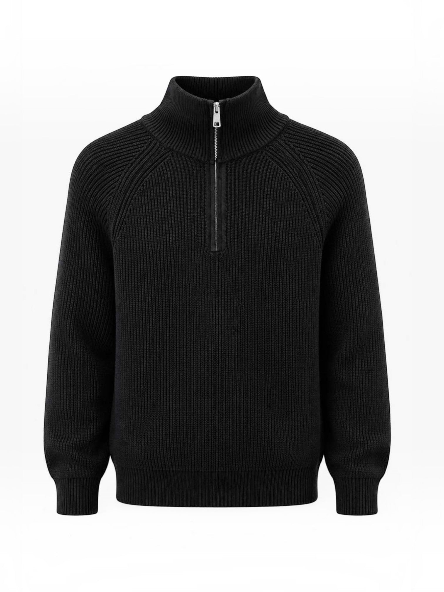 BROCK FIVE EVER black ribbed knit sweater with a high collar and half-zip closure, featuring raglan sleeves.