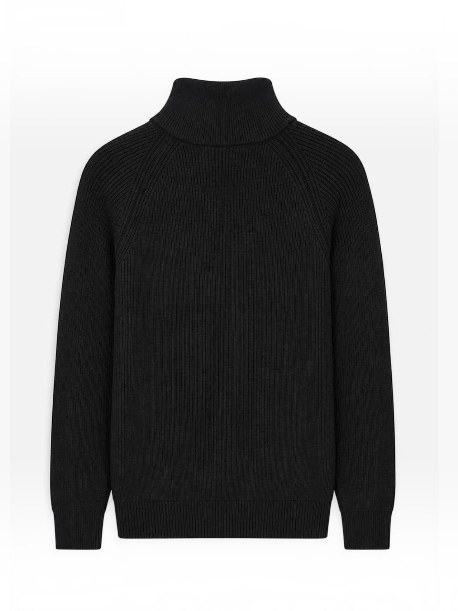BROCK FIVE EVER black ribbed knit mock neck sweater with raglan sleeves, back view