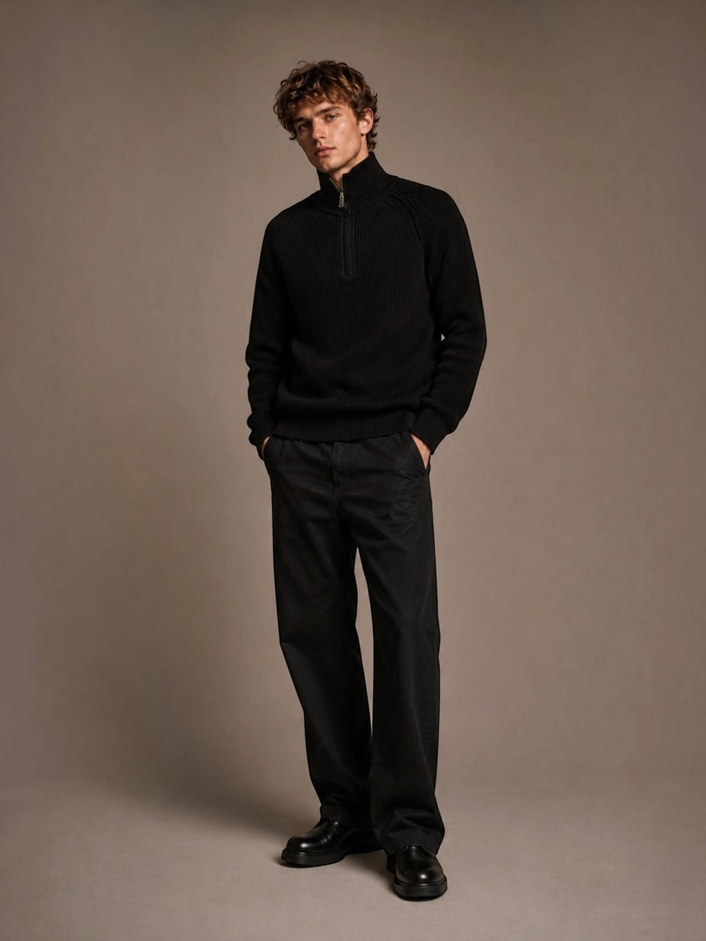 BROCK FIVE EVER black ribbed knit sweater with a mock neck and half-zip, worn by a man with dark trousers.