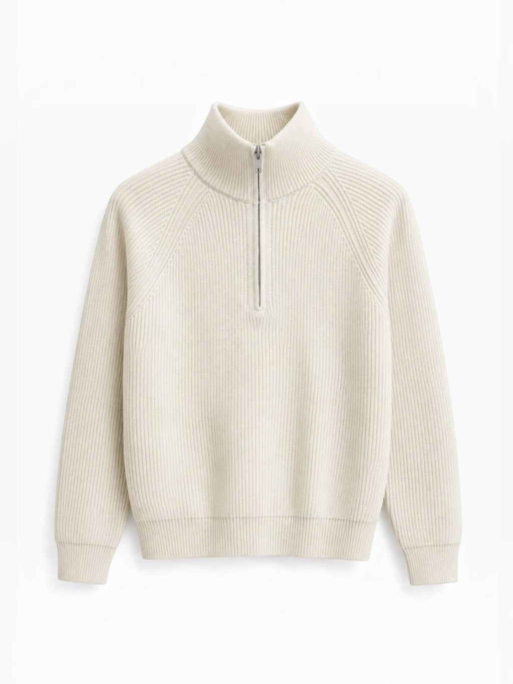 BROCK FIVE EVER cream ribbed knit sweater for men featuring a high collar with a silver half-zip and raglan sleeves.