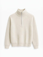BROCK FIVE EVER cream ribbed knit sweater for men featuring a high collar with a silver half-zip and raglan sleeves.