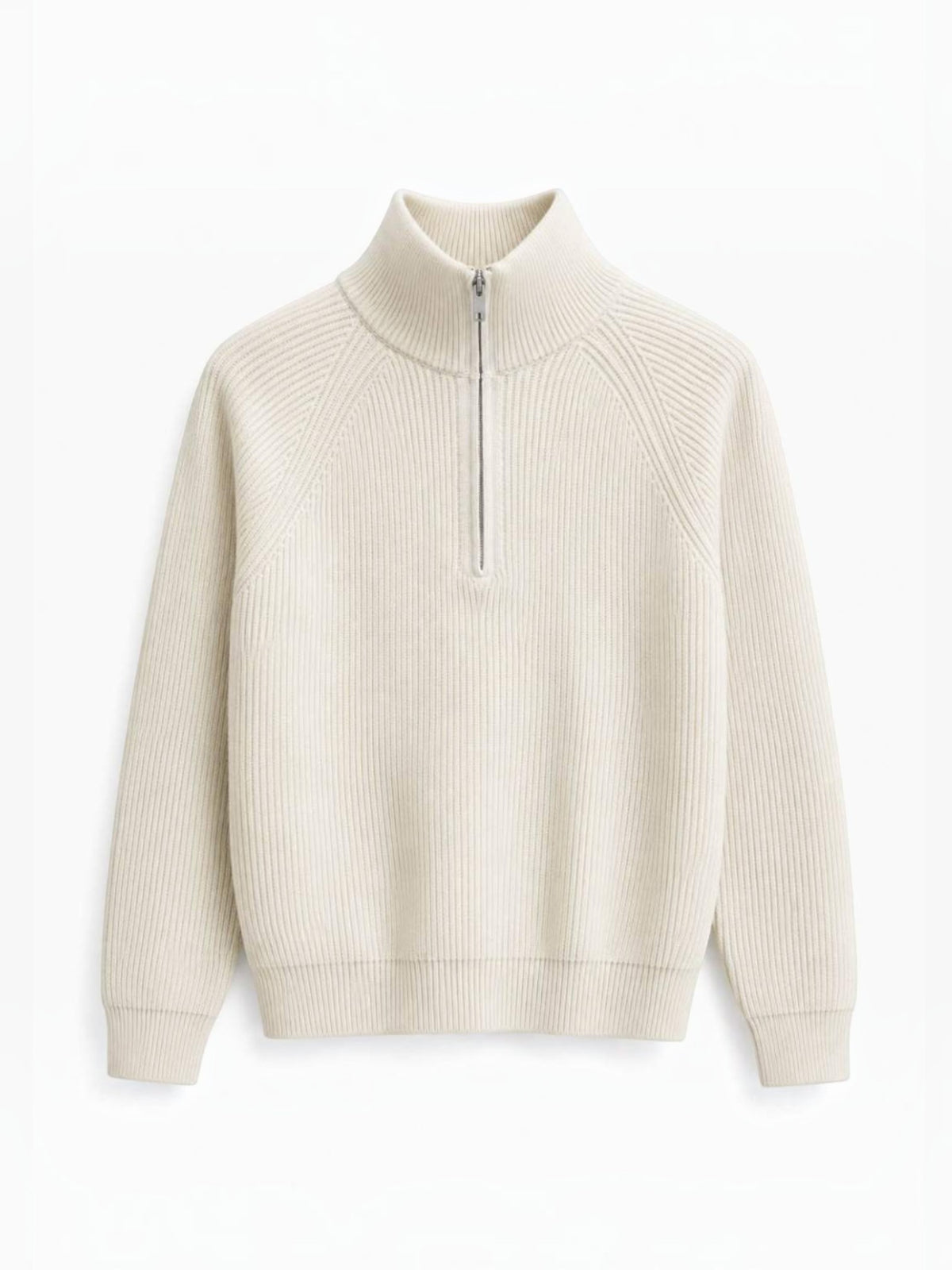 BROCK FIVE EVER cream ribbed knit sweater for men featuring a high collar with a silver half-zip and raglan sleeves.
