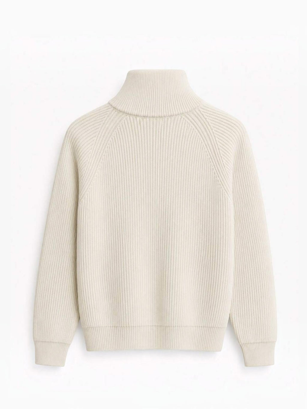 BROCK FIVE EVER cream ribbed knit sweater with high collar and raglan sleeves, back view