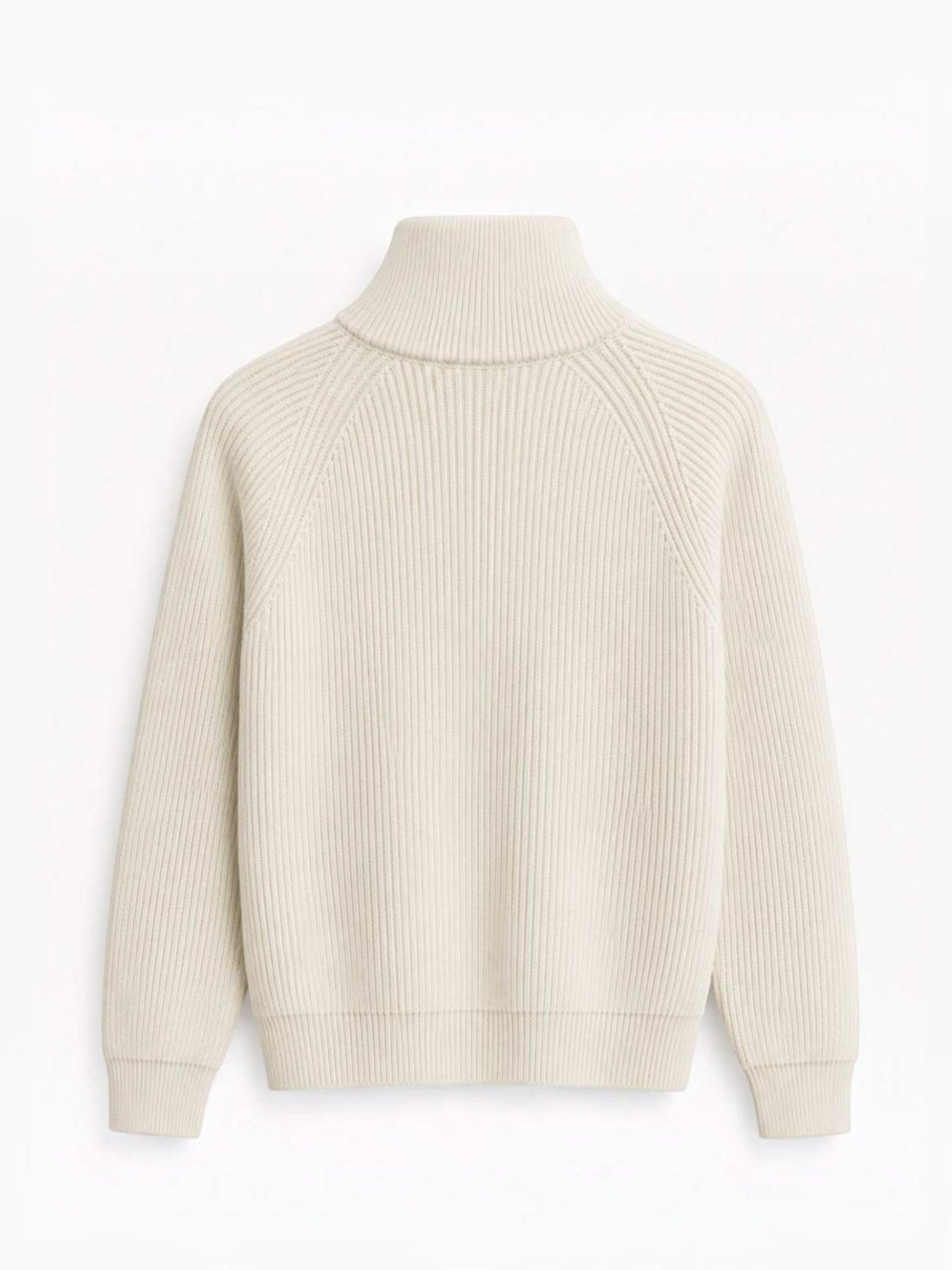BROCK FIVE EVER cream ribbed knit sweater with high collar and raglan sleeves, back view