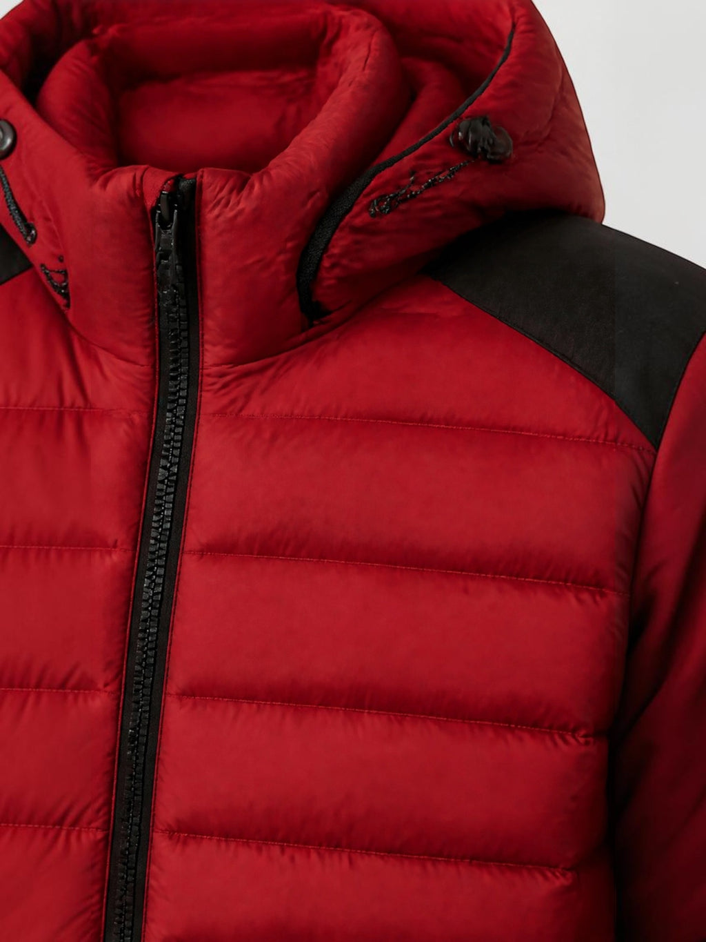 BROCK FIVE EVER red quilted puffer jacket with a detachable hood and black shoulder panels