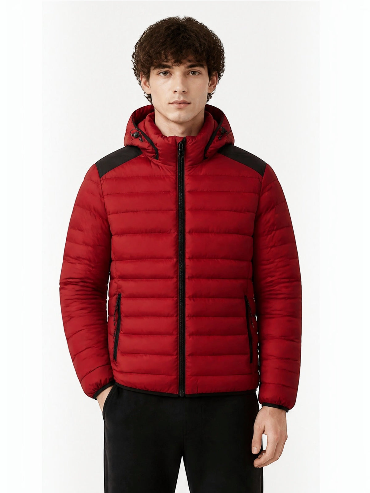BROCK FIVE EVER red quilted puffer jacket with a detachable hood and black shoulder panels worn by a male model