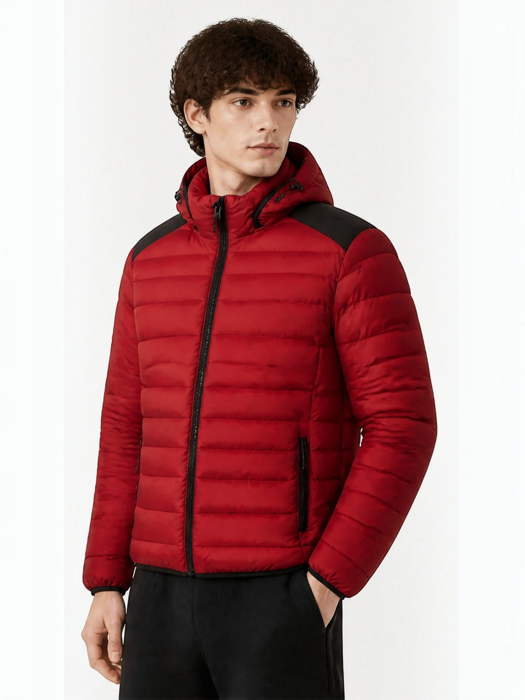 BROCK FIVE EVER red quilted hooded puffer jacket with black shoulder panels worn by a man