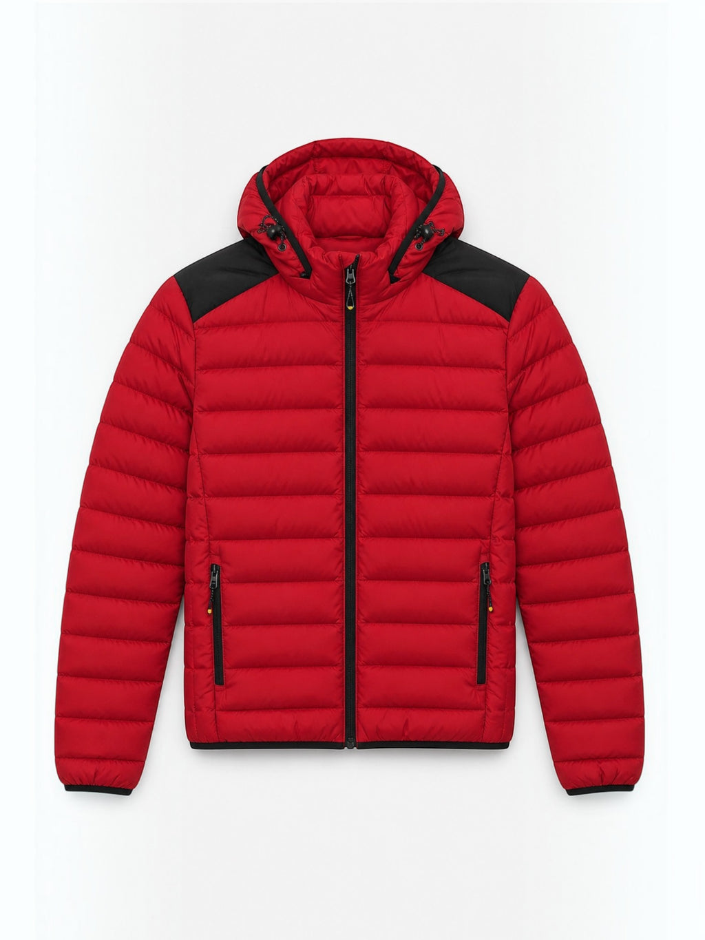 BROCK FIVE EVER red quilted puffer jacket with a detachable hood, black shoulder panels, and a front zip closure.