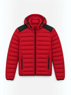 BROCK FIVE EVER red quilted puffer jacket with a detachable hood, black shoulder panels, and a front zip closure.