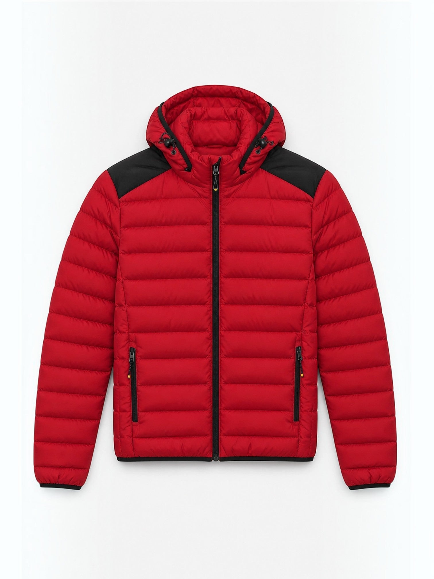 BROCK FIVE EVER red quilted puffer jacket with a detachable hood, black shoulder panels, and a front zip closure.