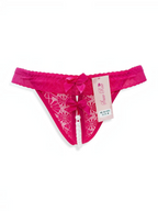 BROCK fuchsia lace thong with decorative bows and a pearl string detail for a sensual look