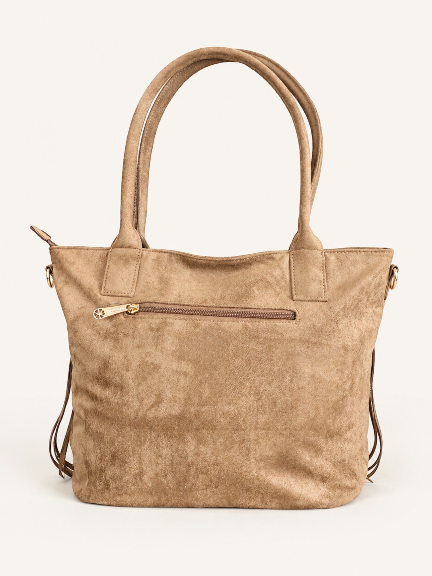 BROCK GALLANTRY beige synthetic suede tote bag with fringe details, gold hardware, and back zipper pocket