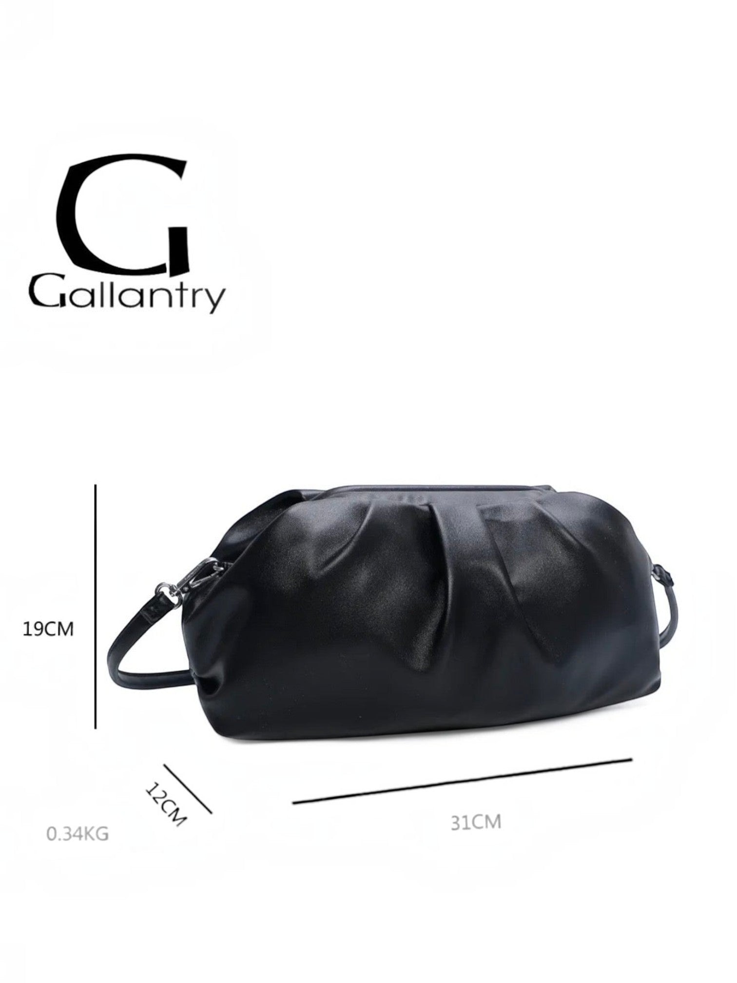BROCK GALLANTRY black faux leather clutch handbag with a structured, pleated design and dimensions shown.