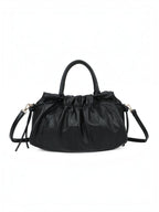 BROCK GALLANTRY black faux leather A4 handbag with gathered detailing, short handles, and a detachable shoulder strap.