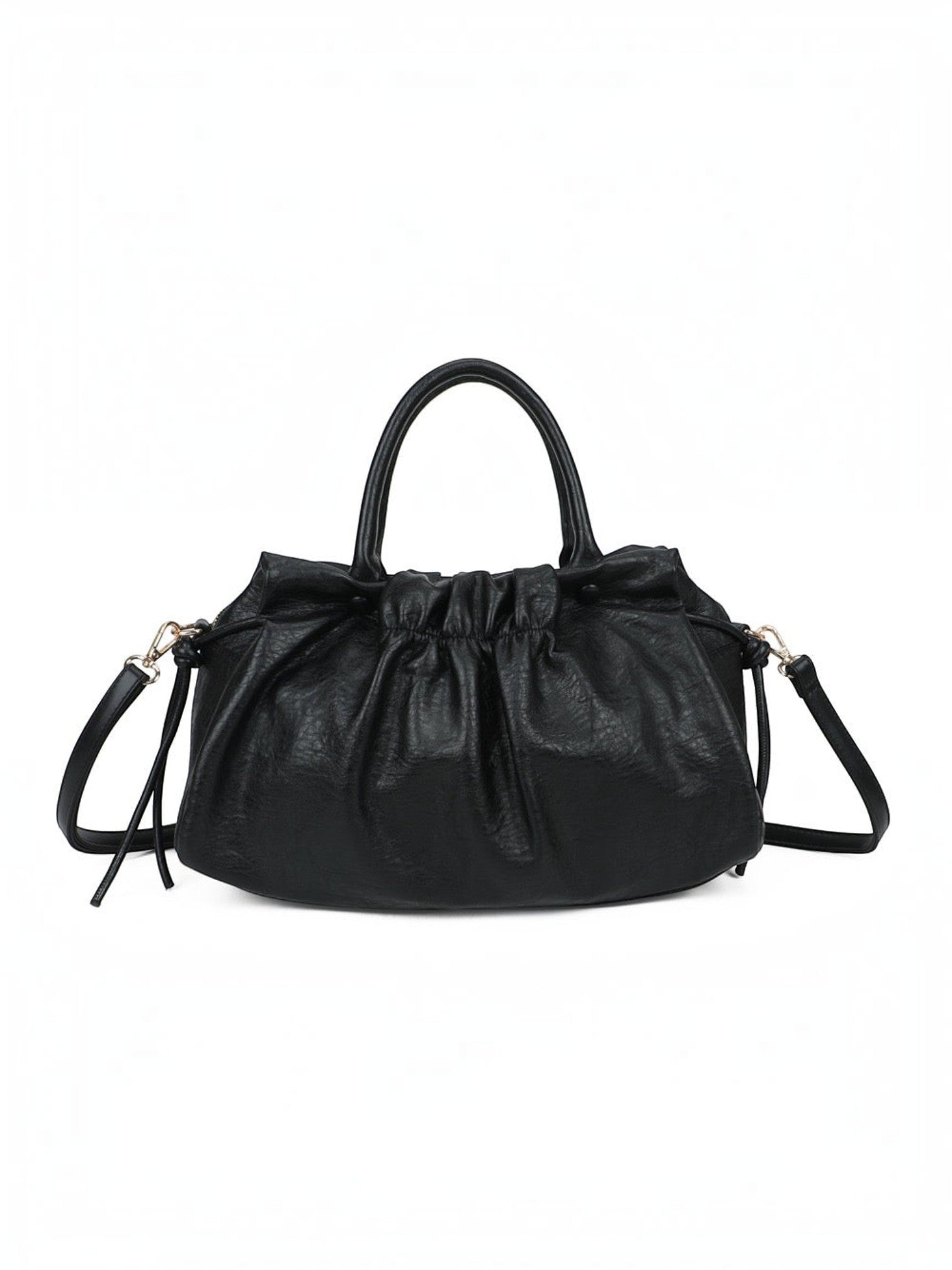 BROCK GALLANTRY black faux leather A4 handbag with gathered detailing, short handles, and a detachable shoulder strap.