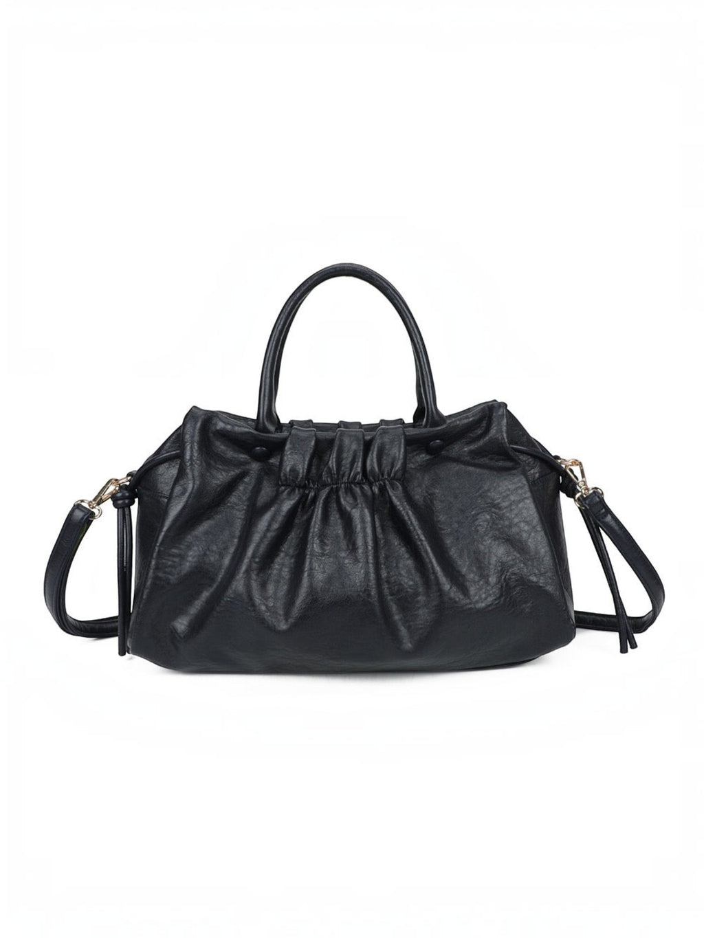 BROCK GALLANTRY black faux leather A4 handbag with gathered detailing, short handles, and a detachable shoulder strap.