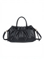 BROCK GALLANTRY black faux leather A4 handbag with gathered detailing, short handles, and a detachable shoulder strap.