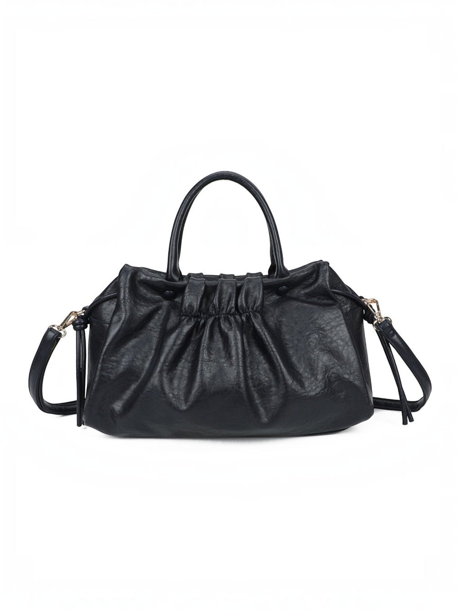 BROCK GALLANTRY black faux leather A4 handbag with gathered detailing, short handles, and a detachable shoulder strap.