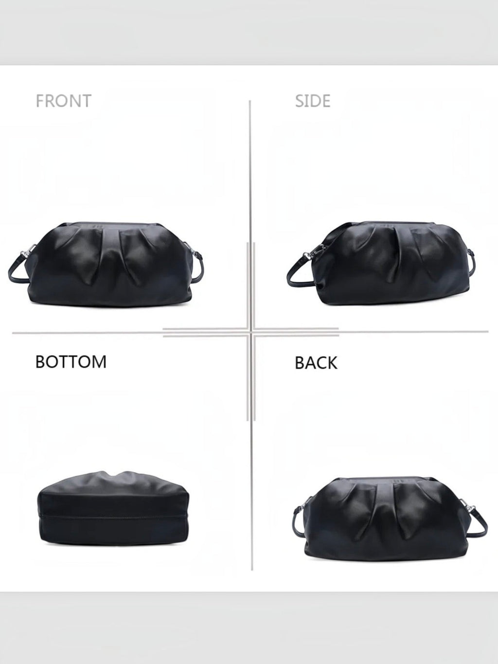 BROCK GALLANTRY black faux leather handbag showing front, side, bottom, and back views with a structured design.
