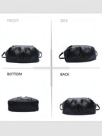 BROCK GALLANTRY black faux leather handbag showing front, side, bottom, and back views with a structured design.