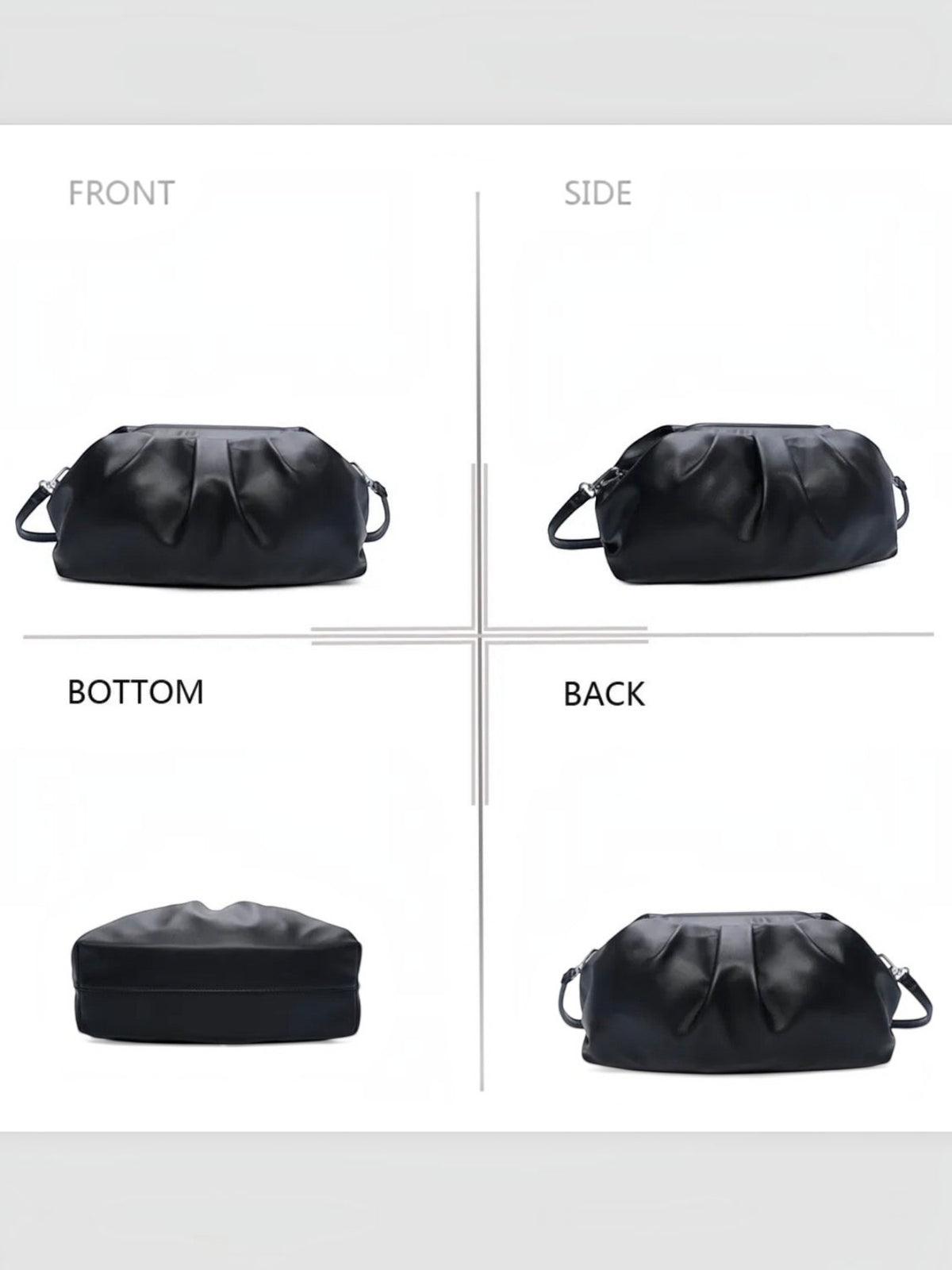 BROCK GALLANTRY black faux leather handbag showing front, side, bottom, and back views with a structured design.