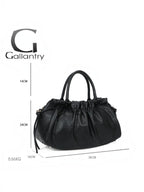 BROCK GALLANTRY black faux leather A4 handbag with gathered detailing, short handles, and removable shoulder strap.