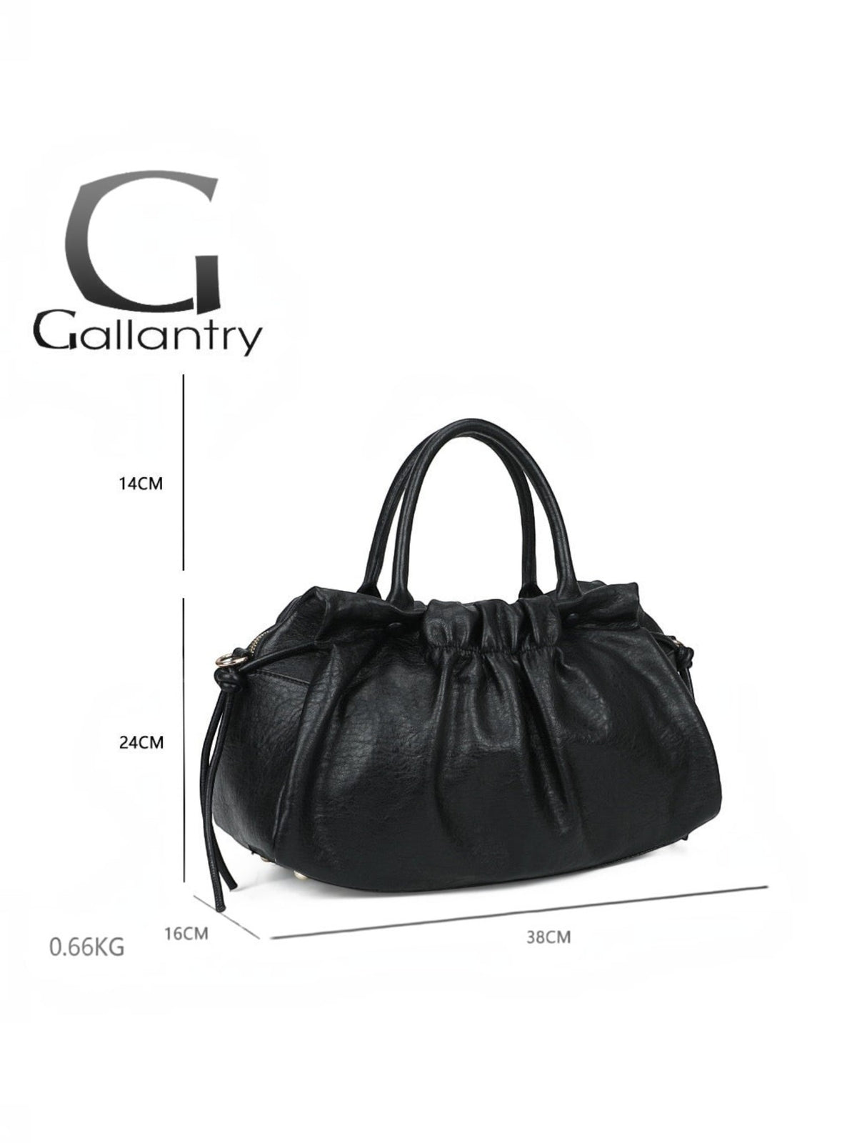 BROCK GALLANTRY black faux leather A4 handbag with gathered detailing, short handles, and removable shoulder strap.