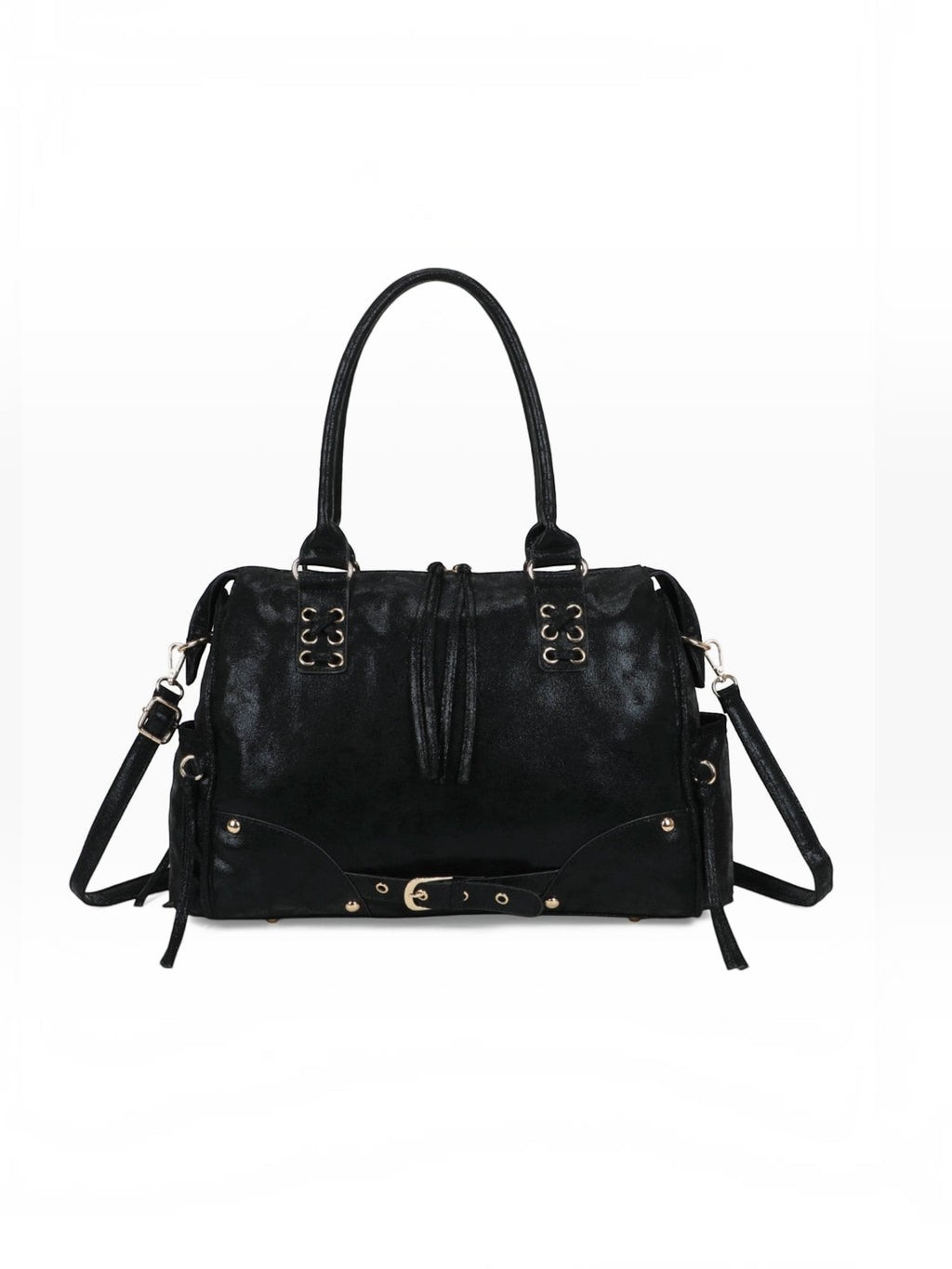 BROCK GALLANTRY Le Vespera black synthetic bowling bag with vintage patina, gold hardware, and decorative buckles.