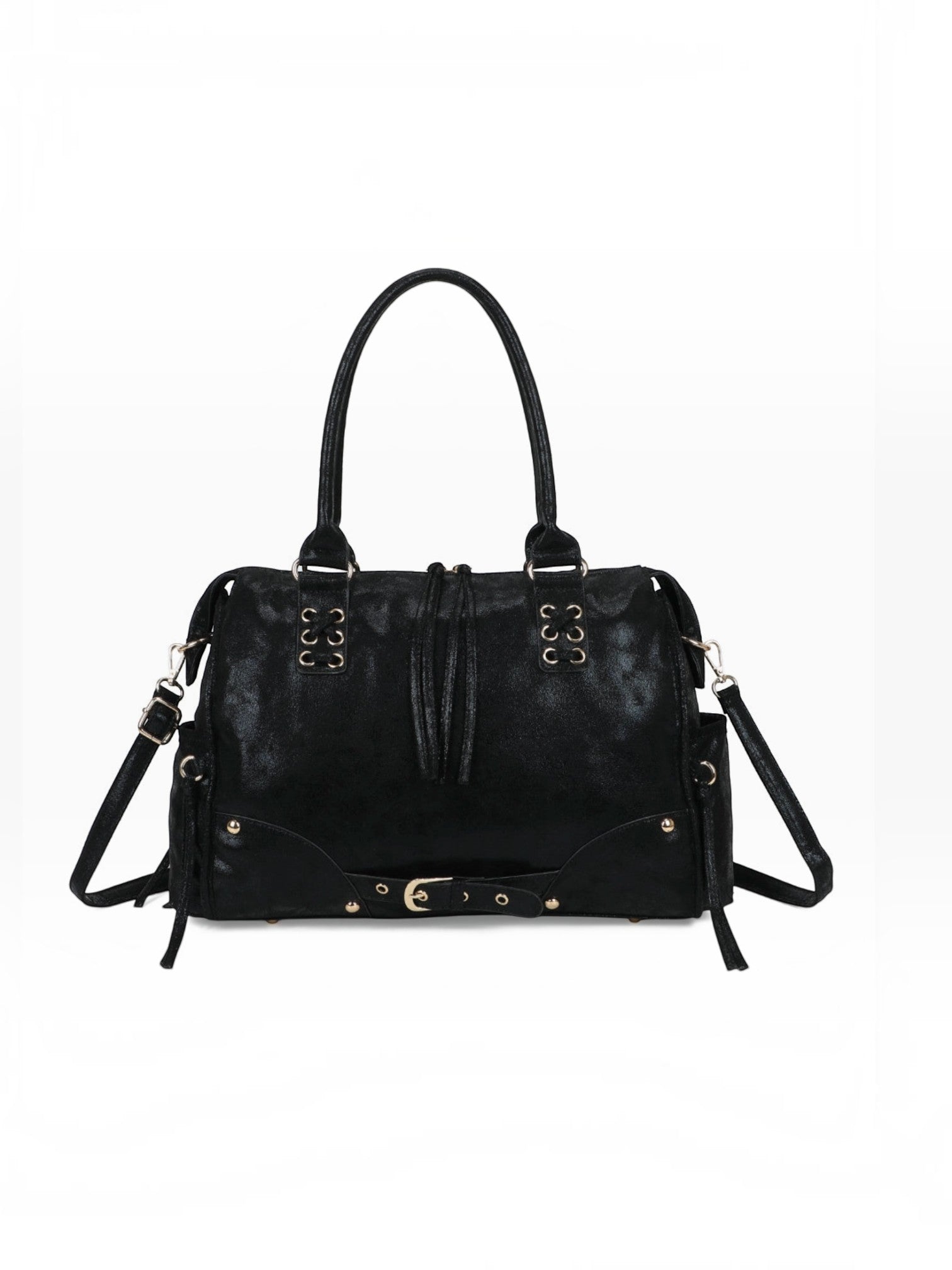BROCK GALLANTRY Le Vespera black synthetic bowling bag with vintage patina, gold hardware, and decorative buckles.