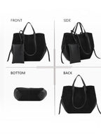 BROCK GALLANTRY Elyssa black synthetic tote bag with long shoulder straps, gold hardware, and a detachable pouch.