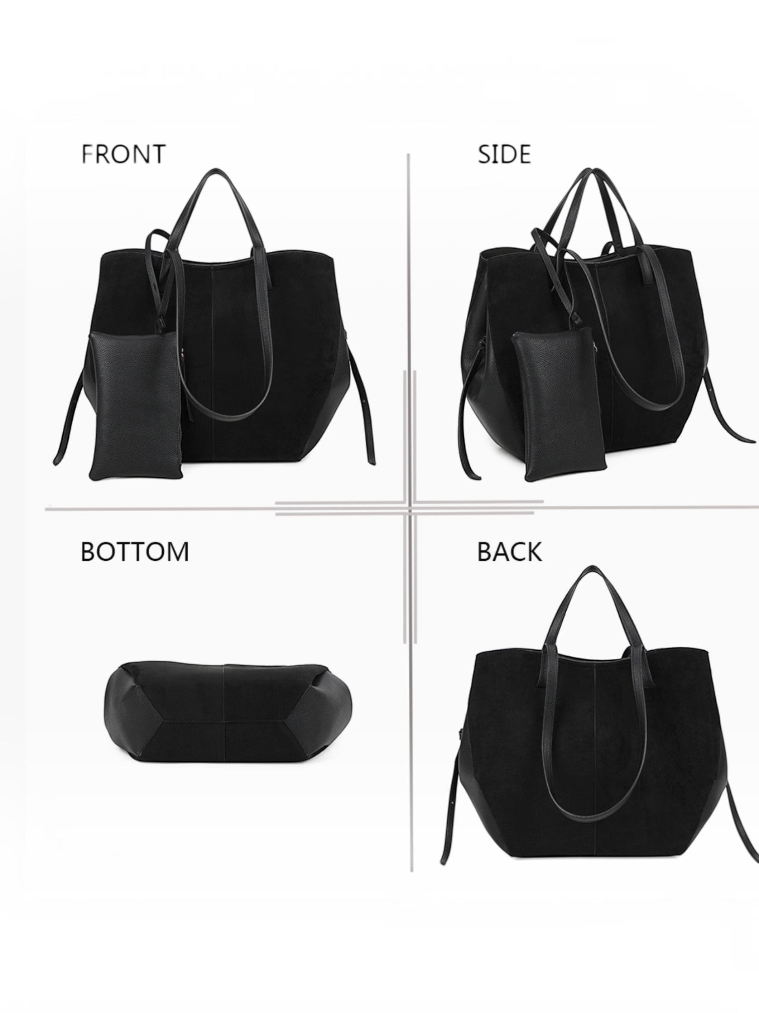 BROCK GALLANTRY Elyssa black synthetic tote bag with long shoulder straps, gold hardware, and a detachable pouch.