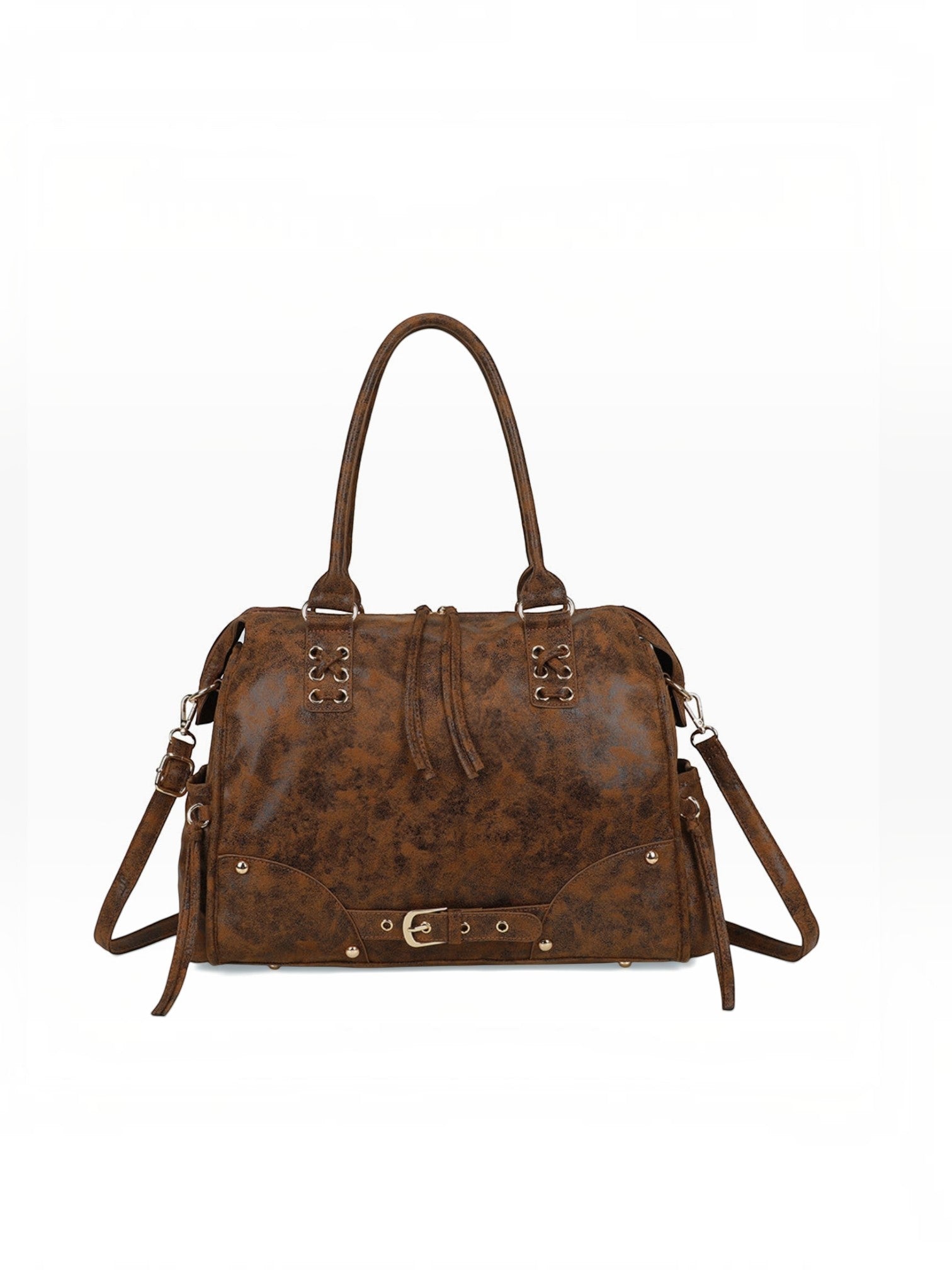 BROCK GALLANTRY Le Vespera A4 bowling bag in brown distressed synthetic leather with gold hardware and buckles.