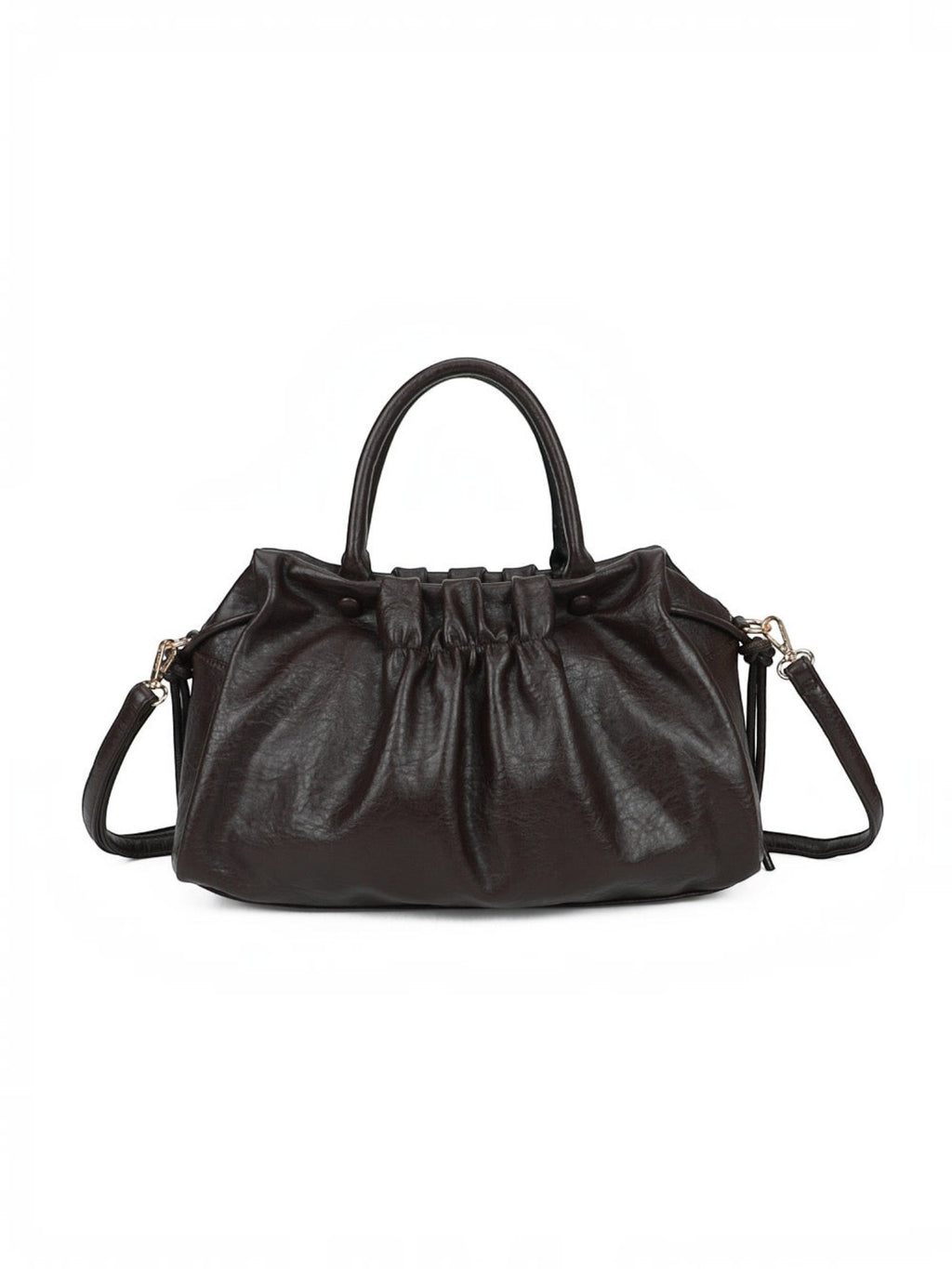 BROCK GALLANTRY dark brown faux leather A4 handbag with gathered detailing, short handles, and removable strap