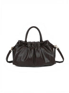 BROCK GALLANTRY dark brown faux leather A4 handbag with gathered detailing, short handles, and removable strap