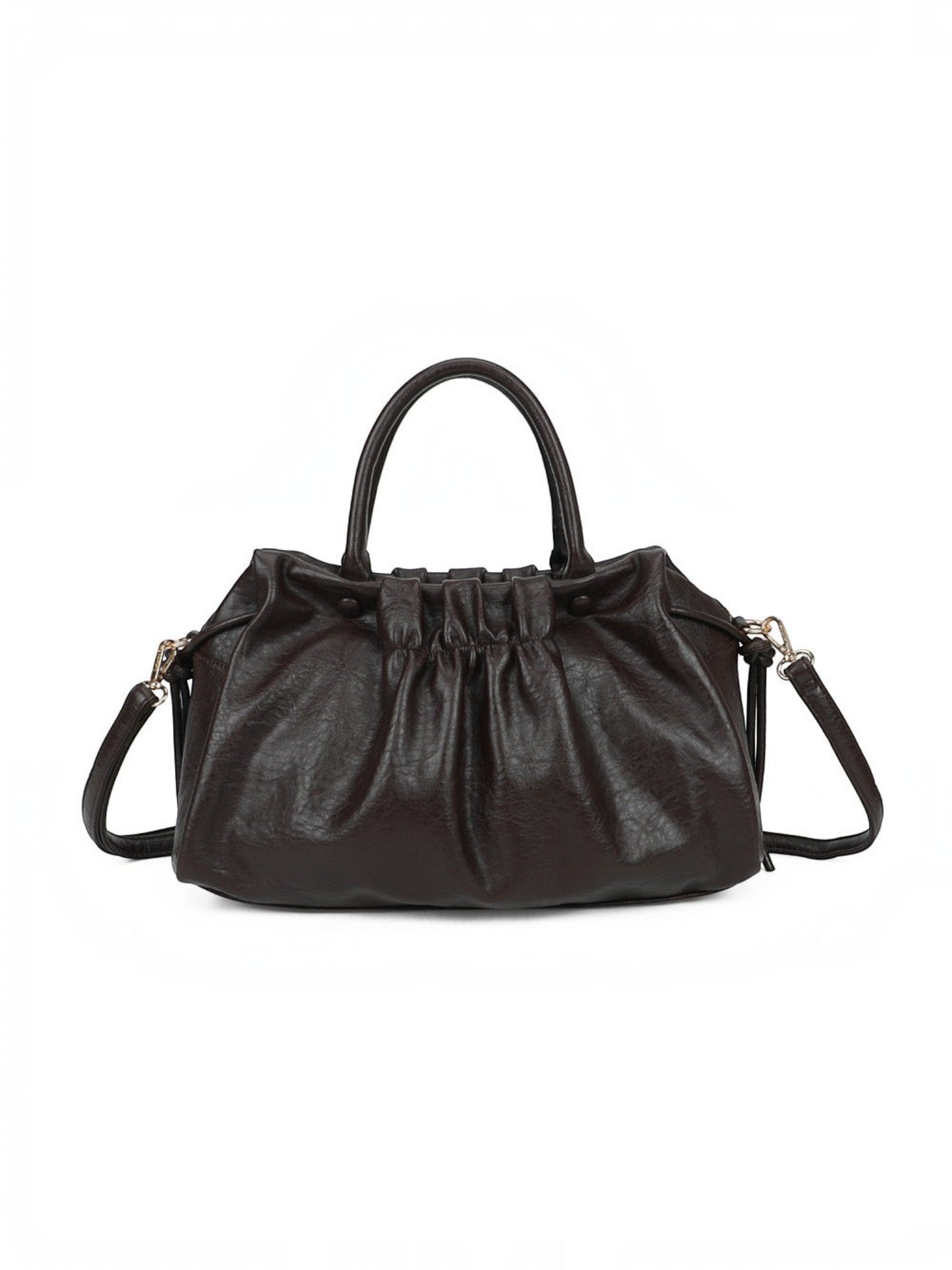 BROCK GALLANTRY dark brown faux leather A4 handbag with gathered detailing, short handles, and removable strap