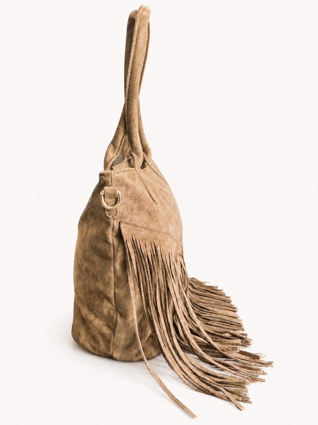 BROCK GALLANTRY brown faux suede handbag with long fringe detailing and gold-tone metal hardware