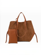 BROCK GALLANTRY Elyssa brown suede tote bag with long shoulder straps and a matching detachable zippered pouch.