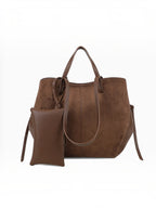 BROCK GALLANTRY Elyssa brown synthetic suede tote bag with long shoulder straps and a matching detachable pouch.