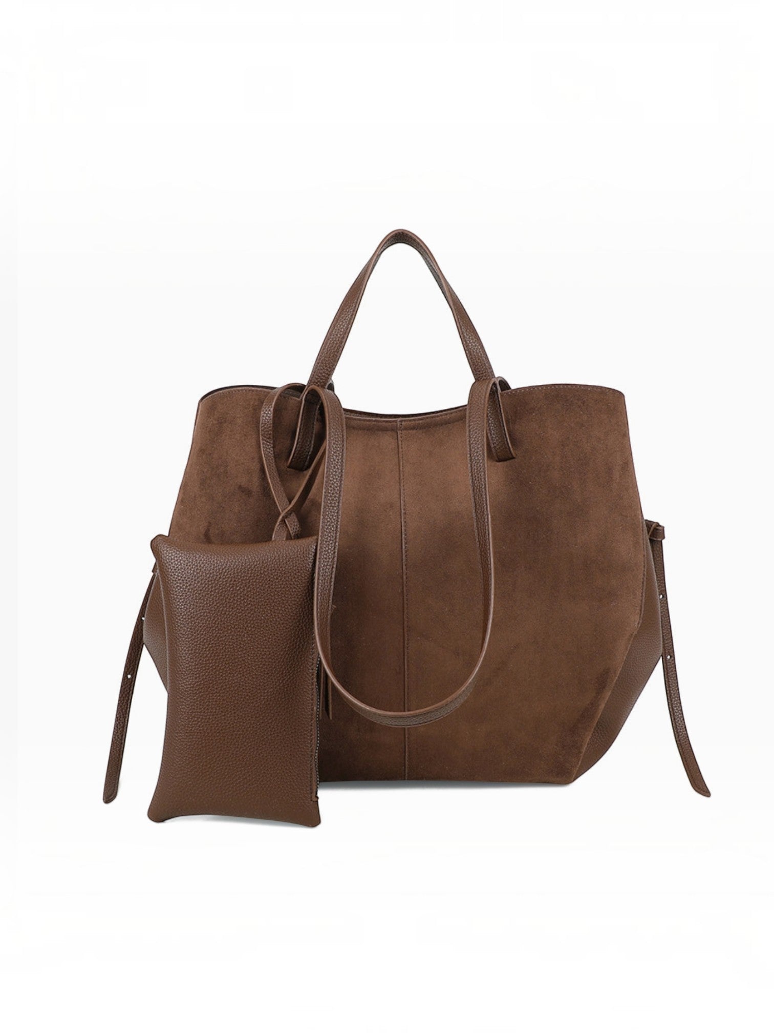 BROCK GALLANTRY Elyssa brown synthetic suede tote bag with long shoulder straps and a matching detachable pouch.