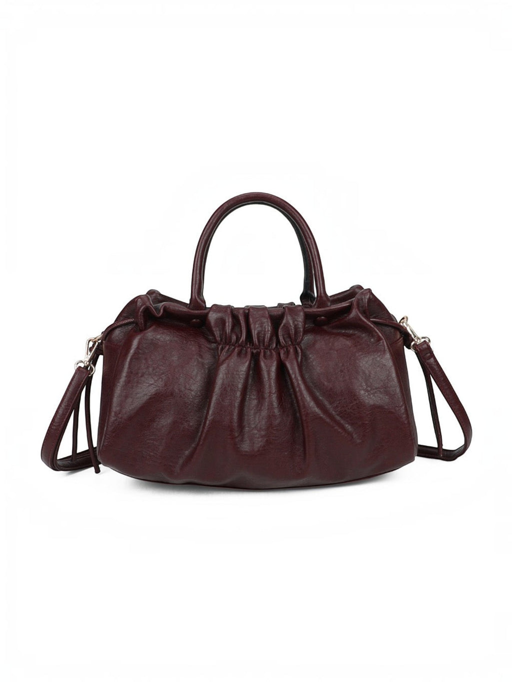 BROCK GALLANTRY dark burgundy faux leather handbag with a gathered ruched design, short handles, and shoulder strap.