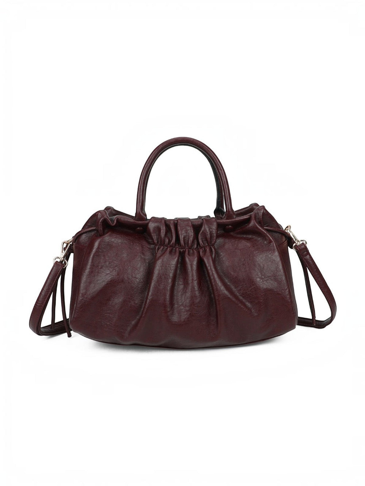 BROCK GALLANTRY dark burgundy faux leather handbag with a gathered ruched design, short handles, and shoulder strap.