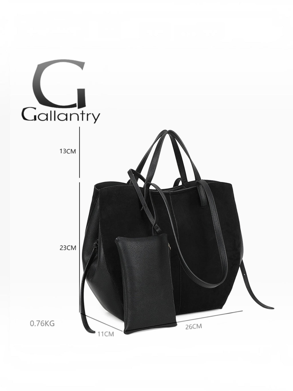 BROCK GALLANTRY Elyssa black synthetic tote bag with long shoulder straps, gold hardware, and detachable zip pouch.