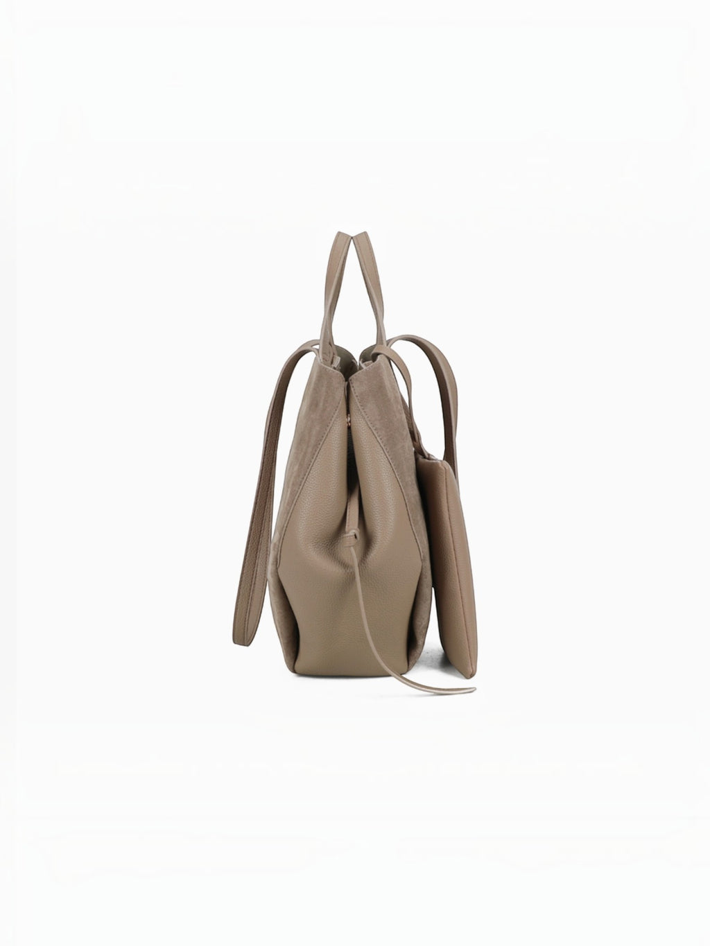 Side view of a taupe GALLANTRY Elyssa tote bag in soft synthetic material with long shoulder straps