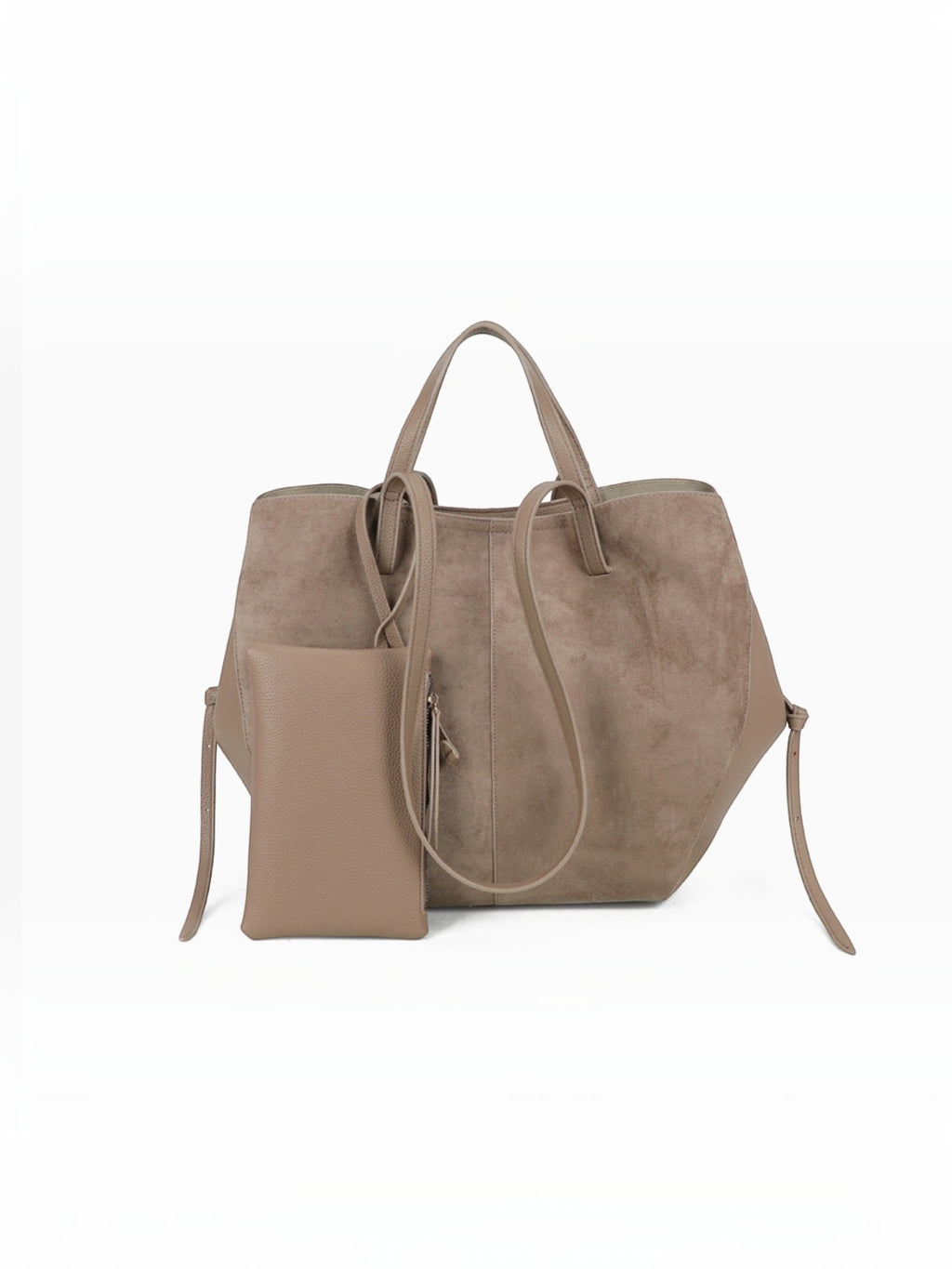 BROCK GALLANTRY Elyssa taupe soft synthetic tote bag with long shoulder straps and a matching detachable zip pouch.