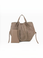 BROCK GALLANTRY Elyssa taupe soft synthetic tote bag with long shoulder straps and a matching detachable zip pouch.